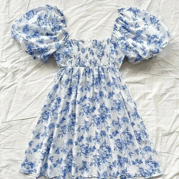 Blue and White Boho Women's Holiday U-Neck Bubble Sleeve A-Line Floral Dress - Picture 2 of 5